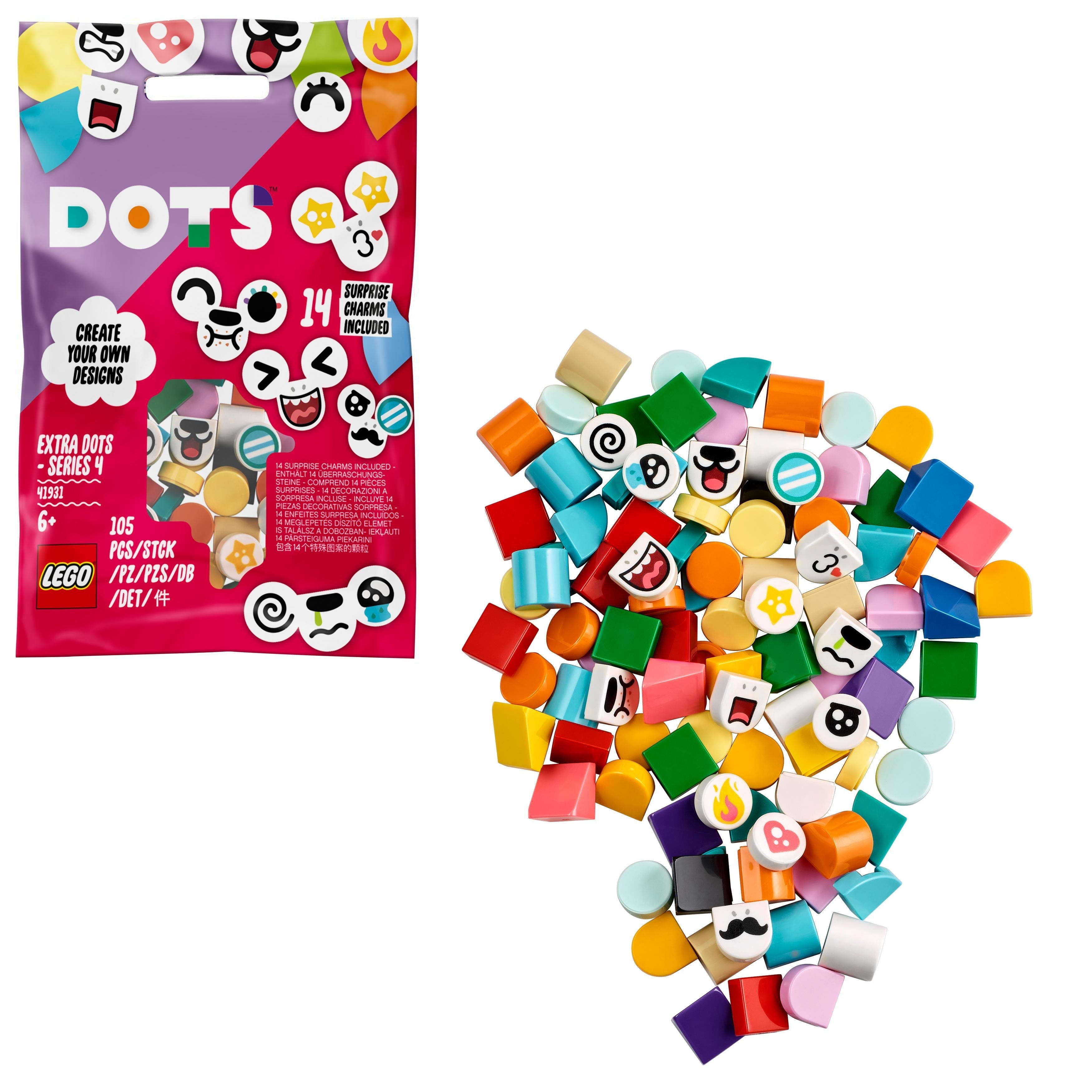 LEGO DOTS Extra DOTS Series 4 Tiles Crafts Set 41931, featuring 105 colorful tiles and emoji designs for creative fun.