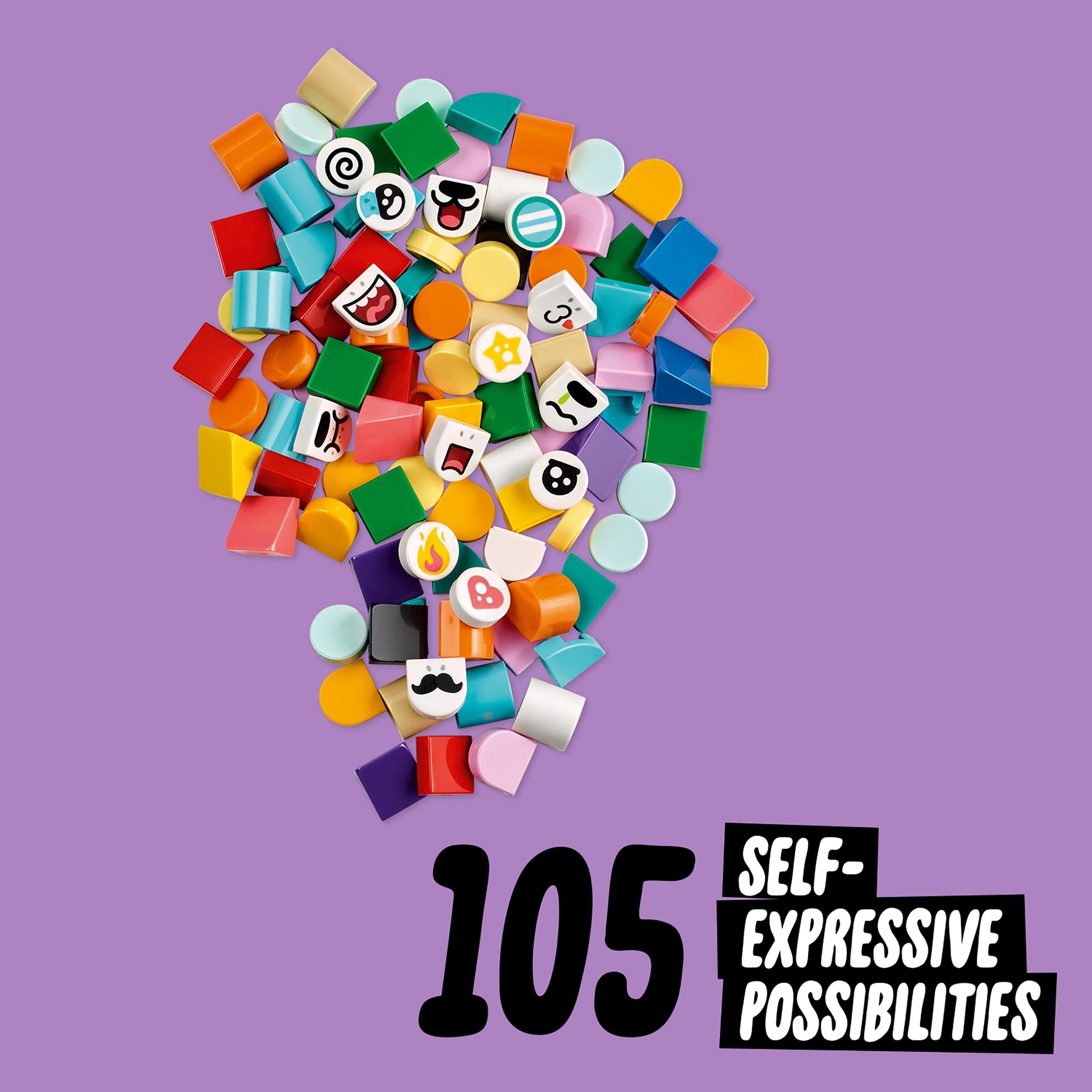 Colorful assortment of 105 LEGO® DOTS tiles showcasing facial expressions and creative possibilities for crafts.