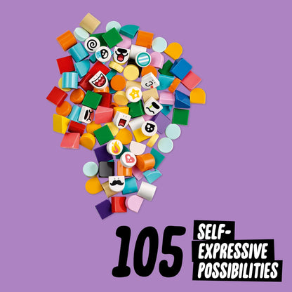 Colorful assortment of 105 LEGO® DOTS tiles showcasing facial expressions and creative possibilities for crafts.