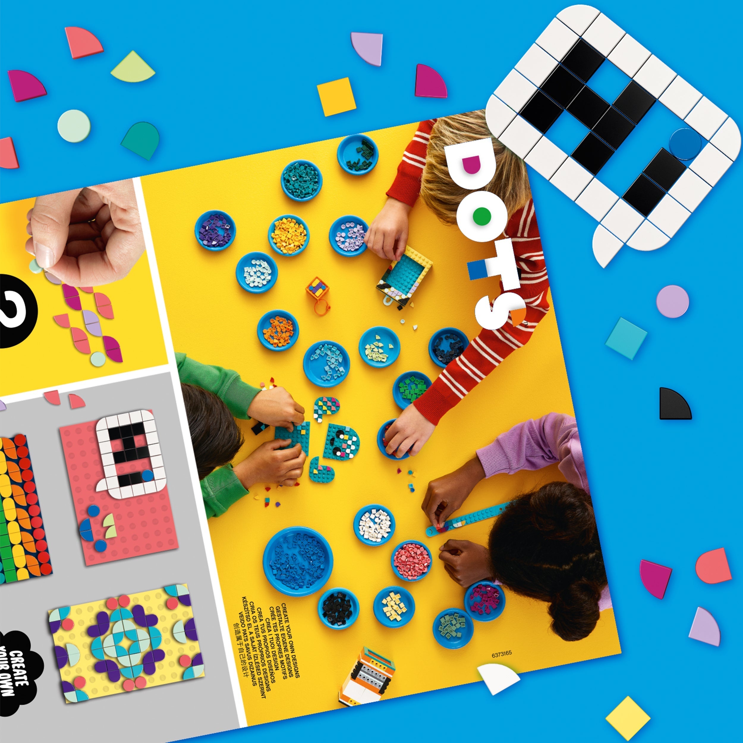 Children playing with LEGO® DOTS craft tiles in vibrant colors on a yellow background, showcasing creative designs.