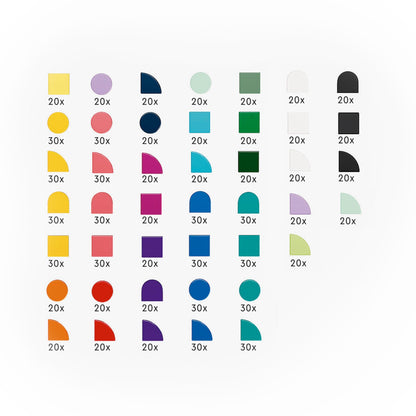 Variety of LEGO DOTS tiles in different shapes and colors, showcasing the creative options for crafting.