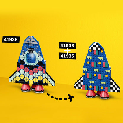 LEGO DOTS Lots of DOTS Craft Set 41935 and 41936 rocket designs with colorful tiles on a yellow background.