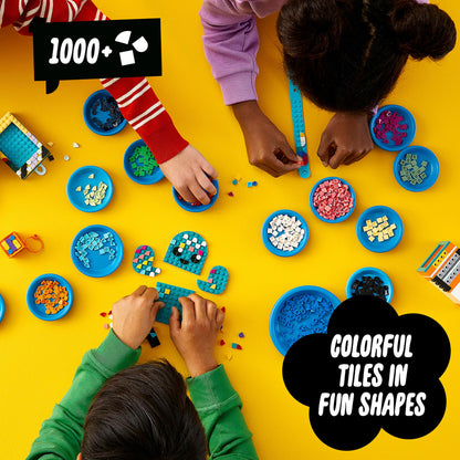 Kids creating with LEGO® DOTS colorful tiles in fun shapes, showcasing over 1,000 craft pieces for creative projects.