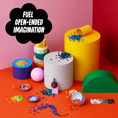 Colorful LEGO DOTS tiles and beads craft set with various shapes promoting creativity and open-ended imagination.