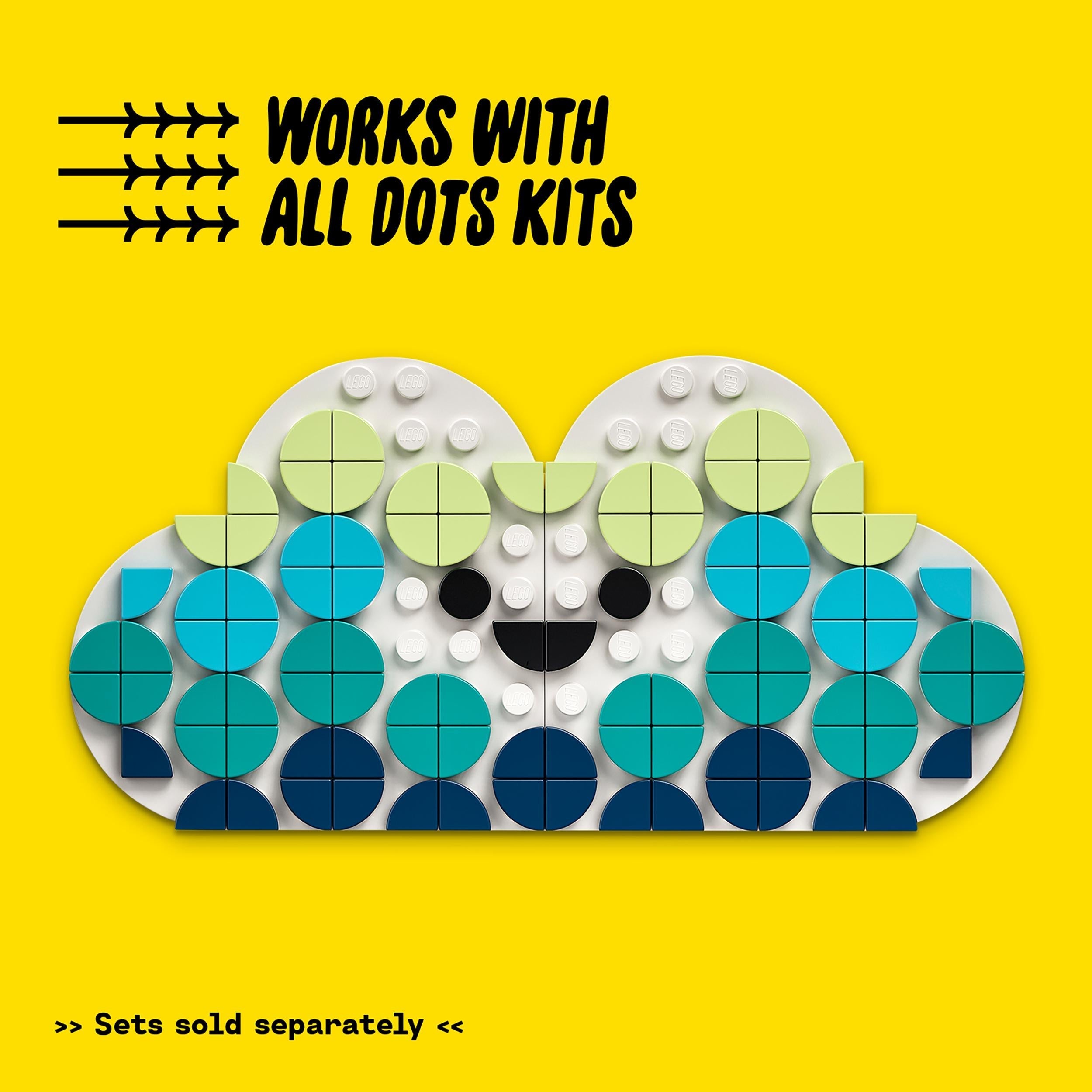 Colorful LEGO DOTS cloud design showcasing versatility with all DOTS kits, featuring playful shapes and bright colors.
