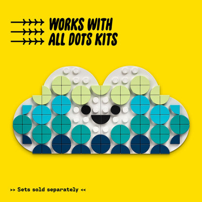Colorful LEGO DOTS cloud design showcasing versatility with all DOTS kits, featuring playful shapes and bright colors.
