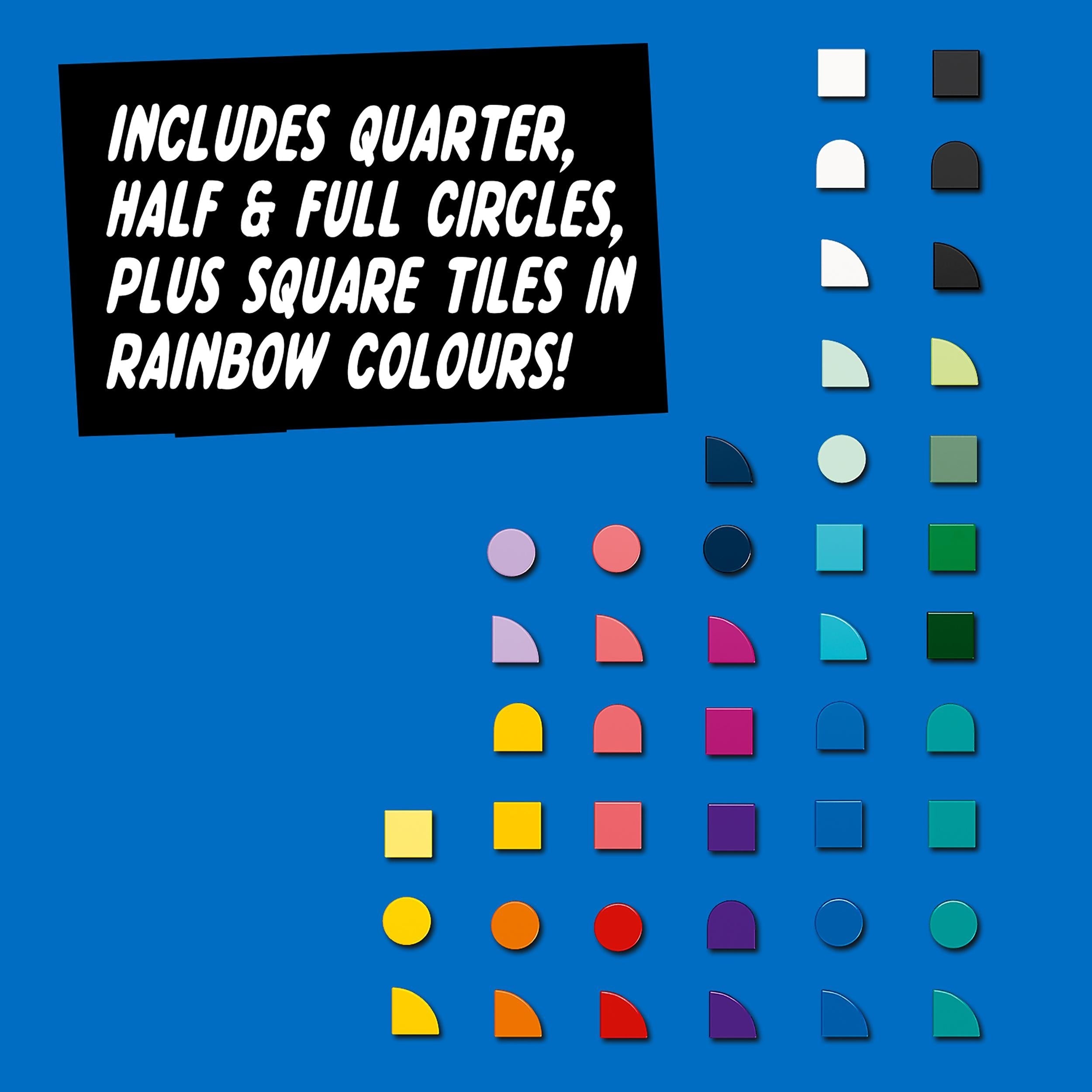 Colorful LEGO® DOTS tiles featuring quarter, half, and full circles in rainbow colors, ideal for creative crafting.