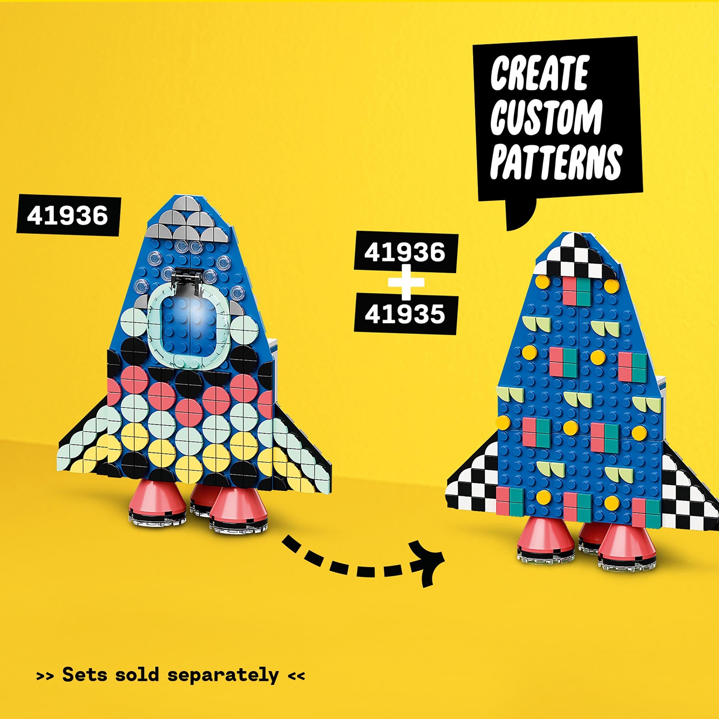 LEGO DOTS craft set showcasing two colorful rocket designs and the ability to create custom patterns with tiles.