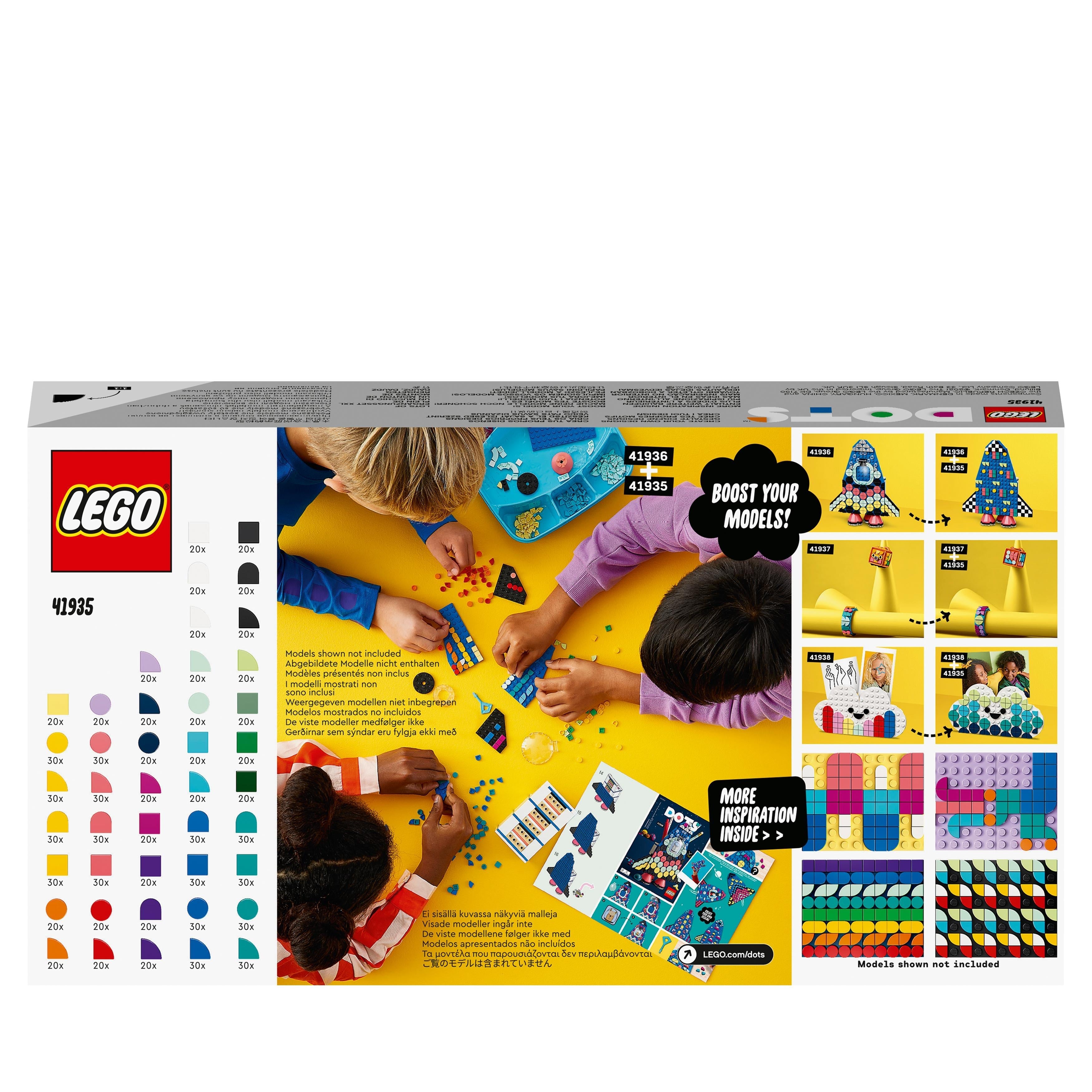 Kids creating with LEGO® DOTS Lots of DOTS Tiles Beads Craft Set 41935, featuring colorful tiles and fun designs.