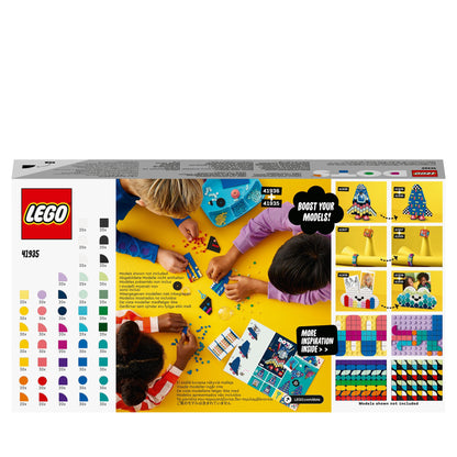 Kids creating with LEGO® DOTS Lots of DOTS Tiles Beads Craft Set 41935, featuring colorful tiles and fun designs.
