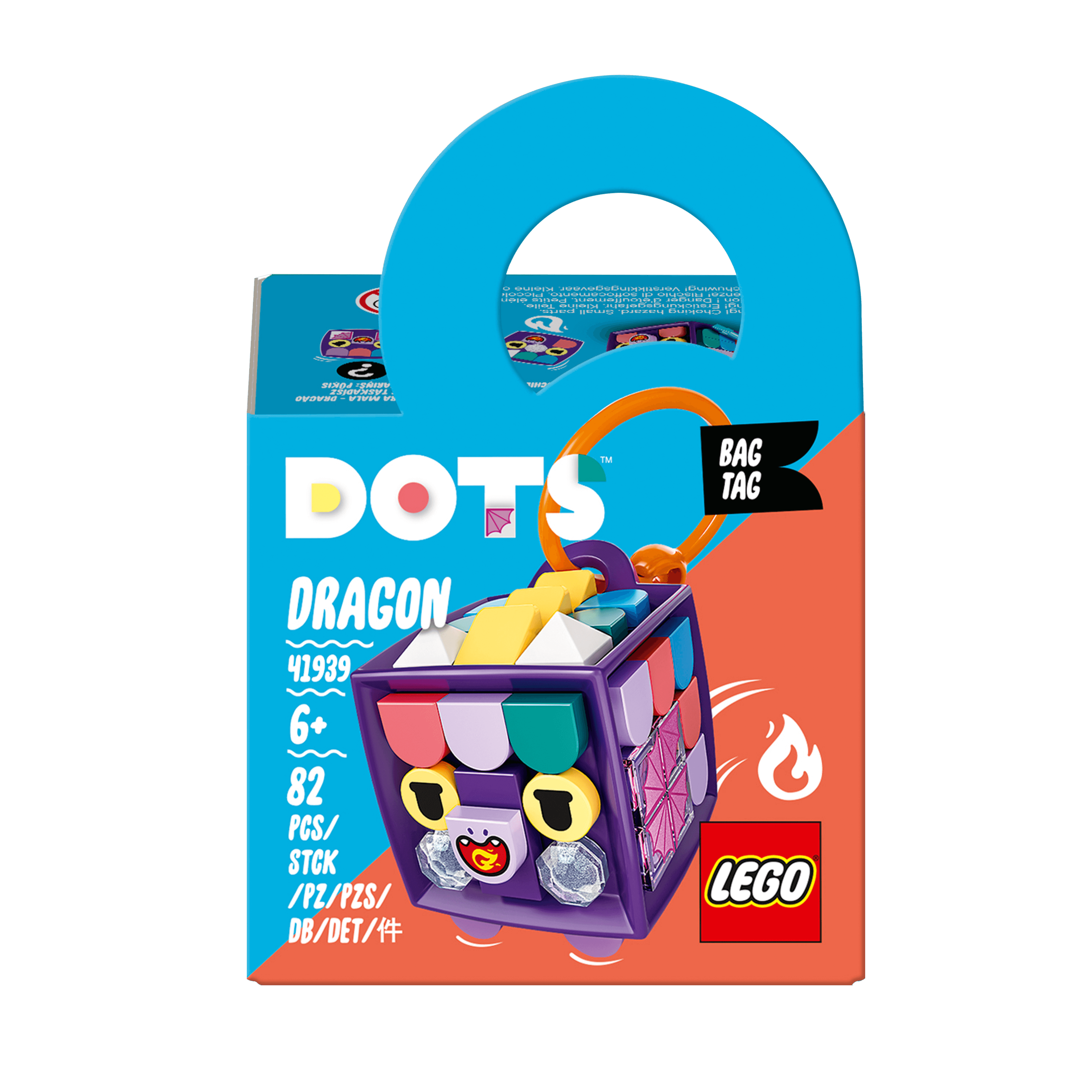 LEGO DOTS Bag Tag Dragon Arts & Crafts Set 41939 with customizable tiles and bright colors.