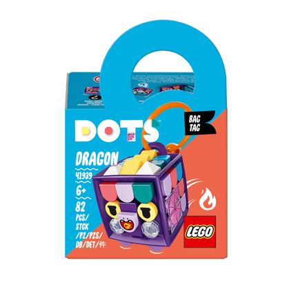 LEGO DOTS Bag Tag Dragon Arts & Crafts Set 41939 with customizable tiles and bright colors.