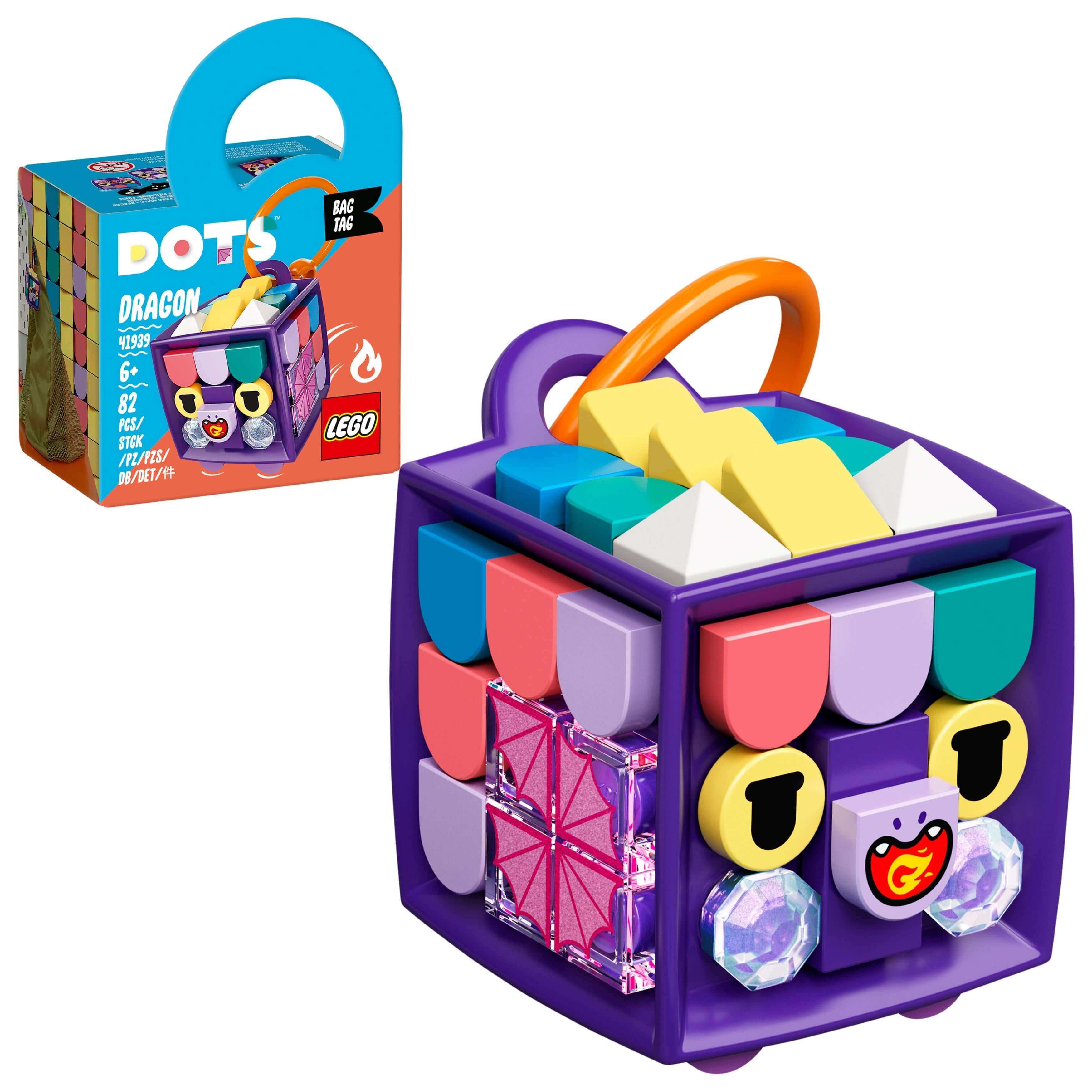 LEGO DOTS Bag Tag Dragon set 41939 featuring colorful customizable toy cube for arts and crafts enthusiasts.