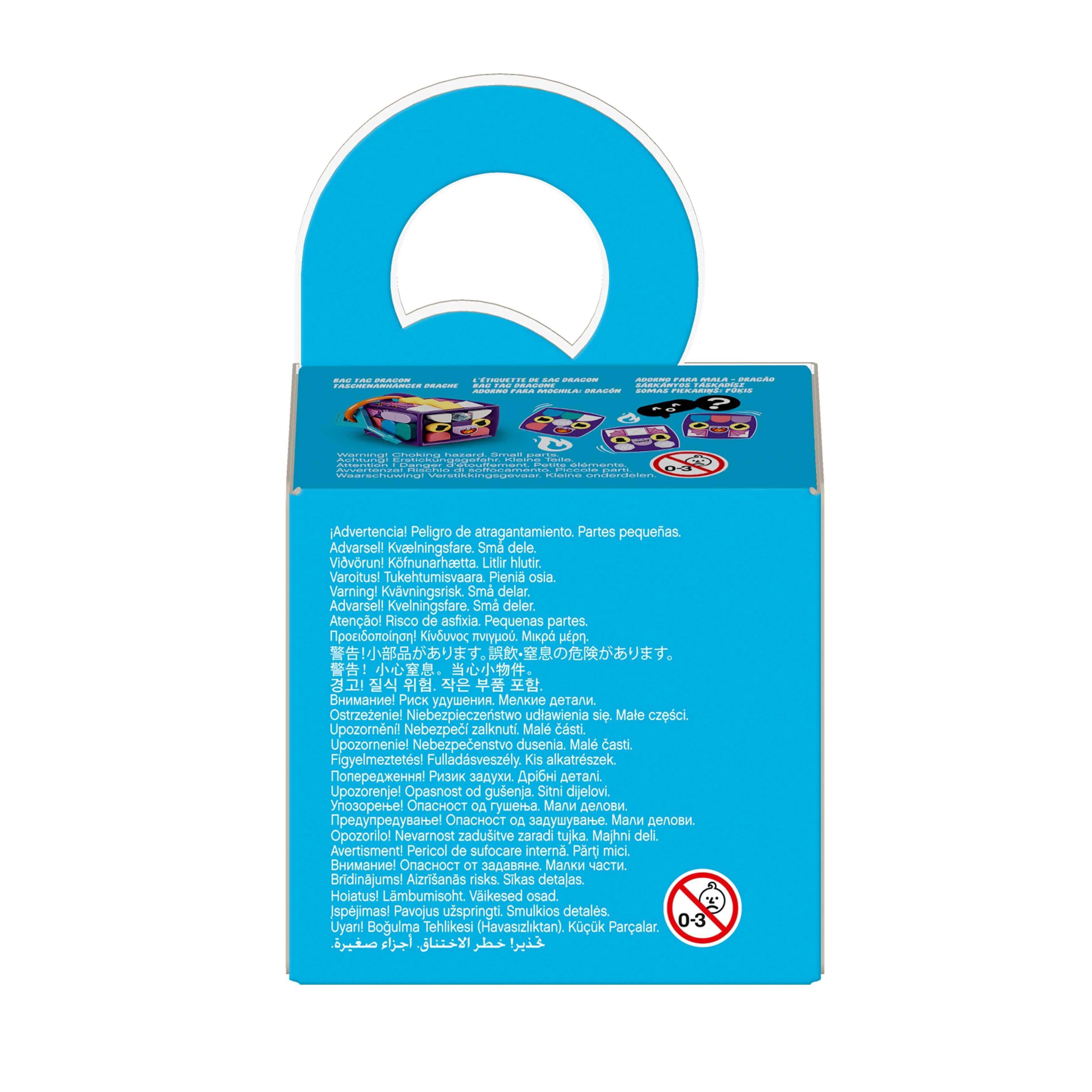 LEGO® DOTS Bag Tag Dragon Set 41939 packaging back view with product details and safety warnings on a blue background.