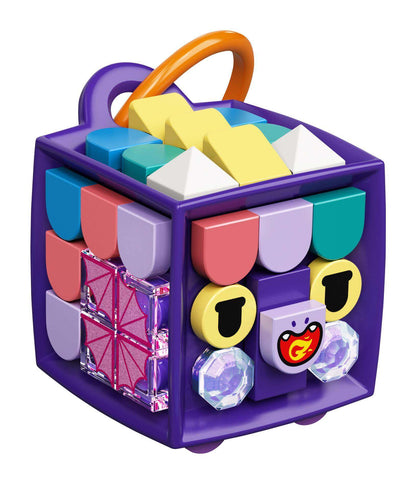 LEGO® DOTS Bag Tag Dragon set 41939, customizable purple cube with colorful tiles and a hanger for accessories.
