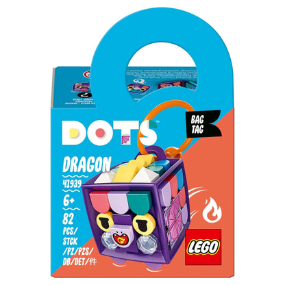 LEGO DOTS Bag Tag Dragon Arts & Crafts Set 41939 with colorful tiles and hanger for customizable accessories.