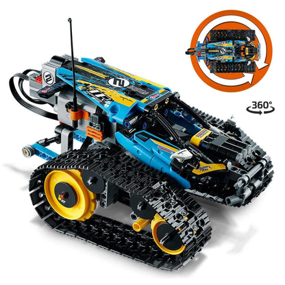 LEGO Technic Stunt Racer RC Car Toy 42095 featuring a detailed build with tracks and remote control capabilities.
