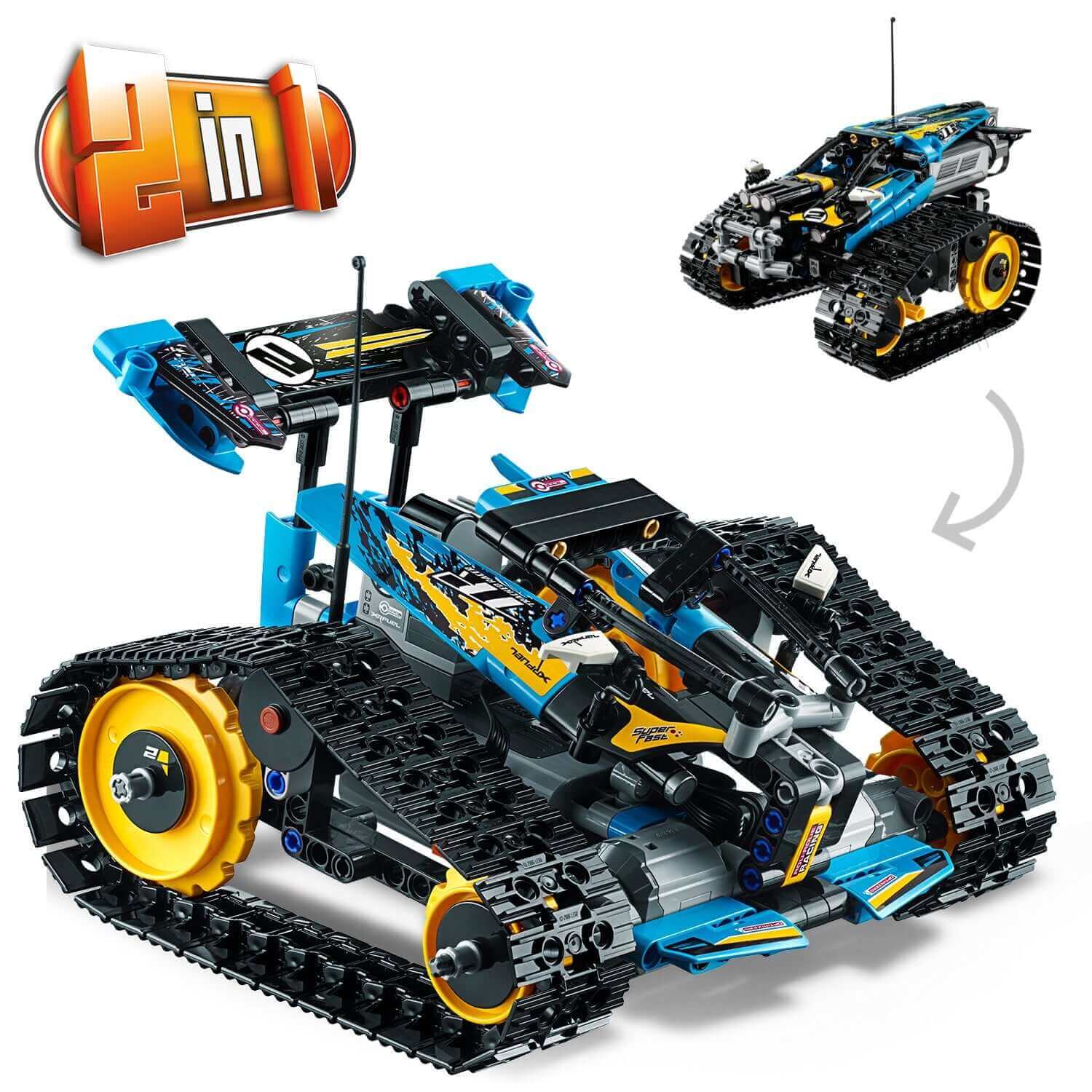 LEGO Technic Stunt Racer RC Car 42095 toy features 2-in-1 build and remote control design, showcasing vibrant colors and tracks.