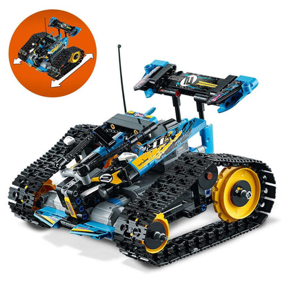 LEGO Technic Stunt Racer RC Car Toy 42095 with remote control, showcasing track design and vibrant colors