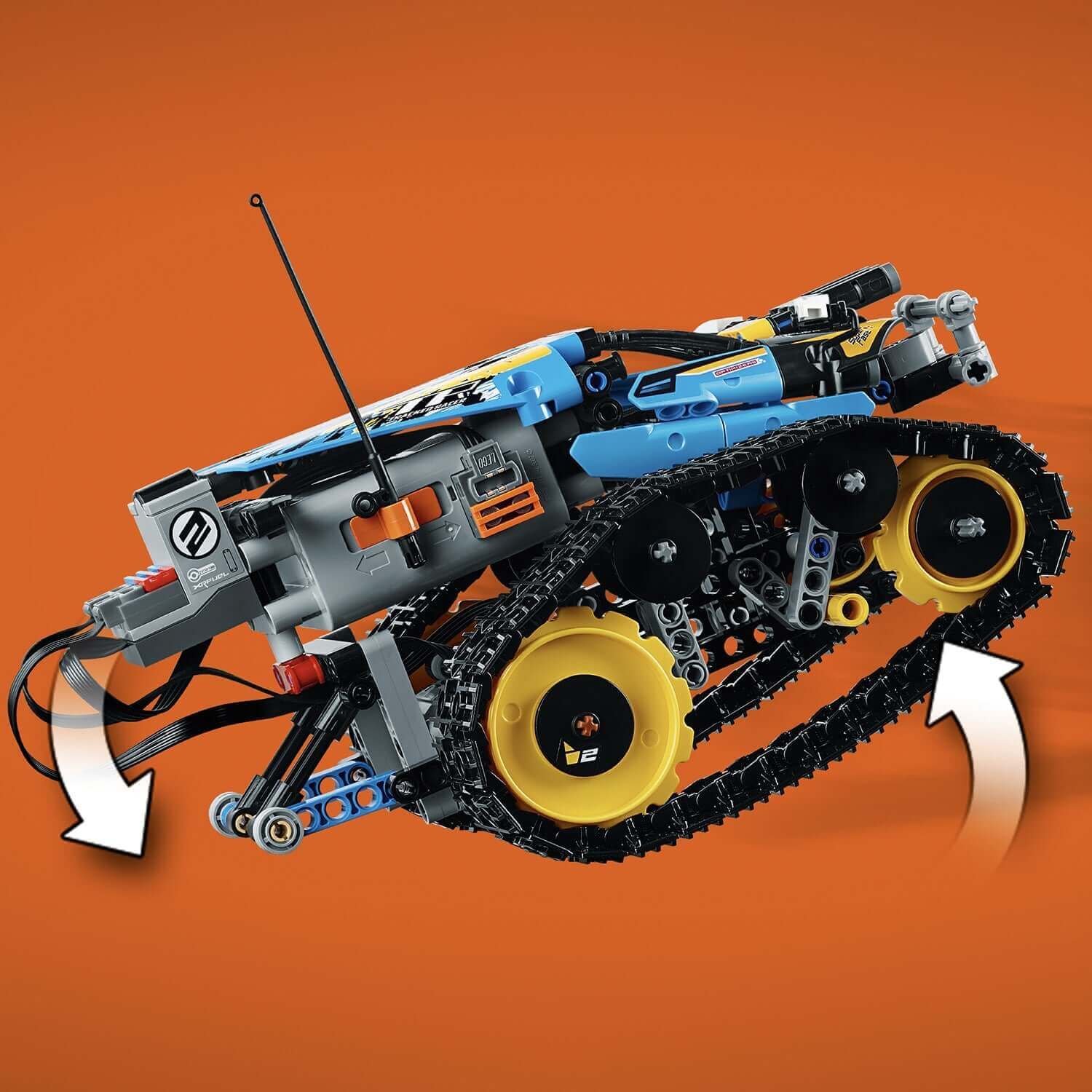 LEGO Technic Stunt Racer RC Car Toy 42095 featuring unique design and motion capabilities on an orange background.