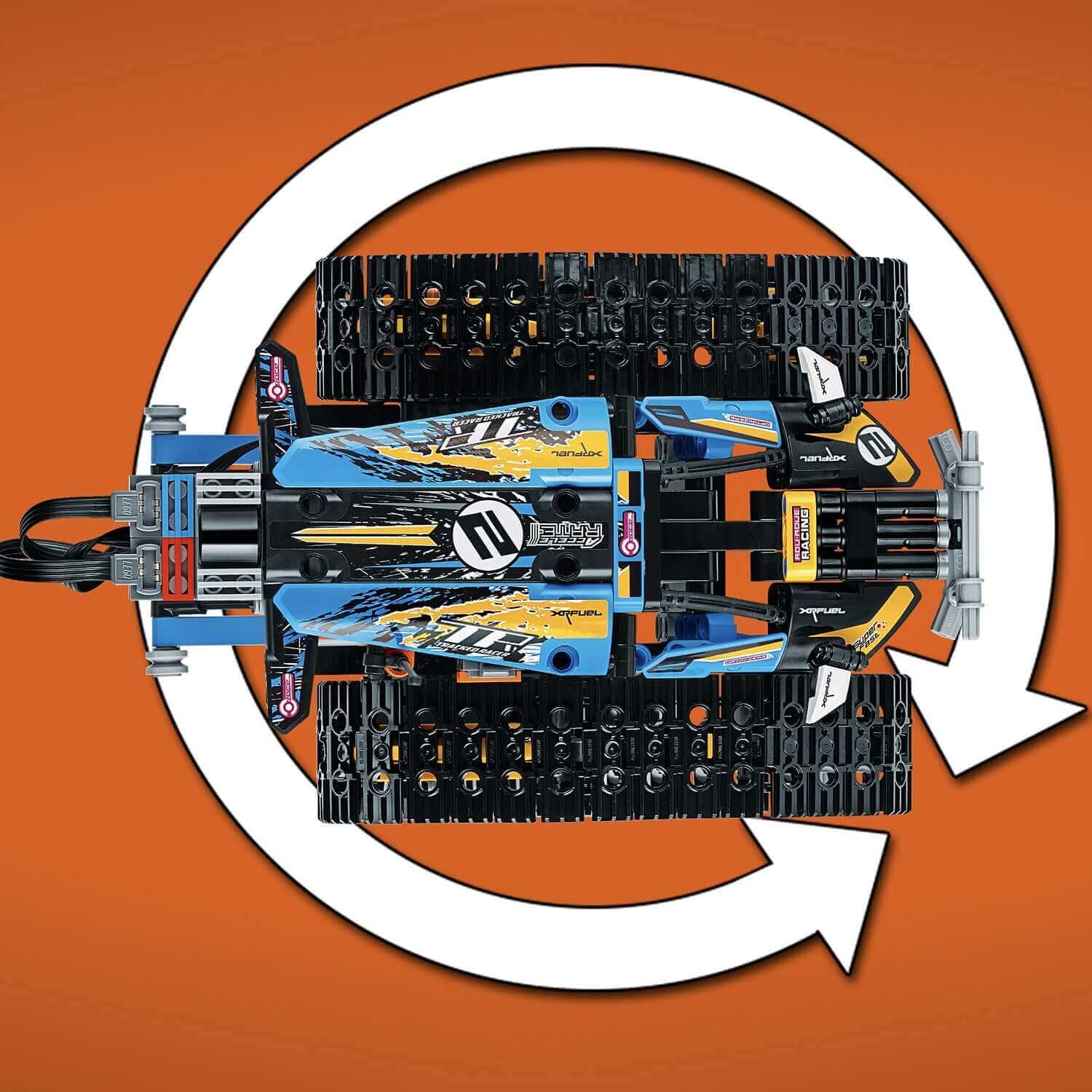 Top view of LEGO Technic Stunt Racer RC Car 42095, featuring vibrant colors and detailed design.