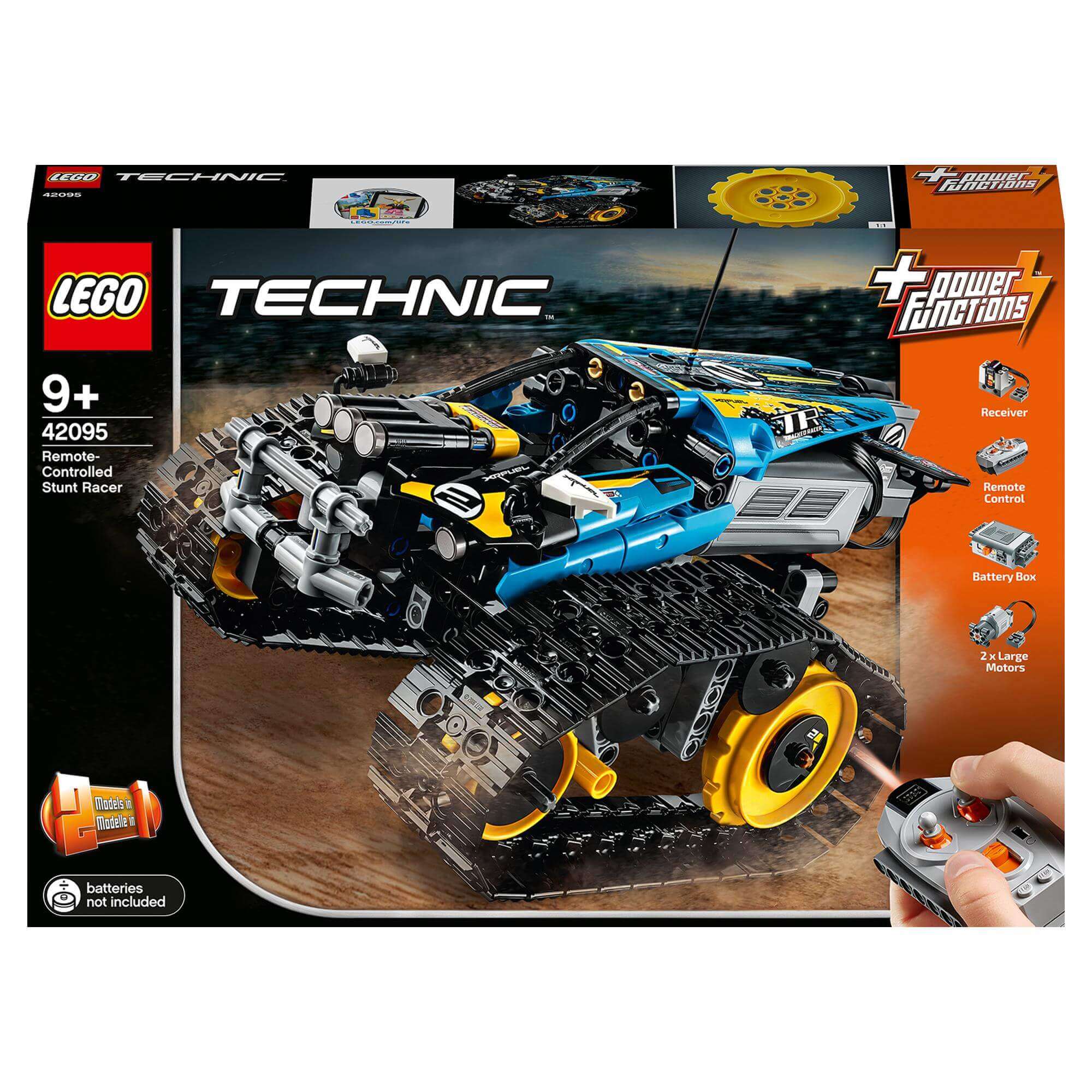LEGO Technic Stunt Racer RC Car Toy 42095 packaging, showcasing features and remote control.