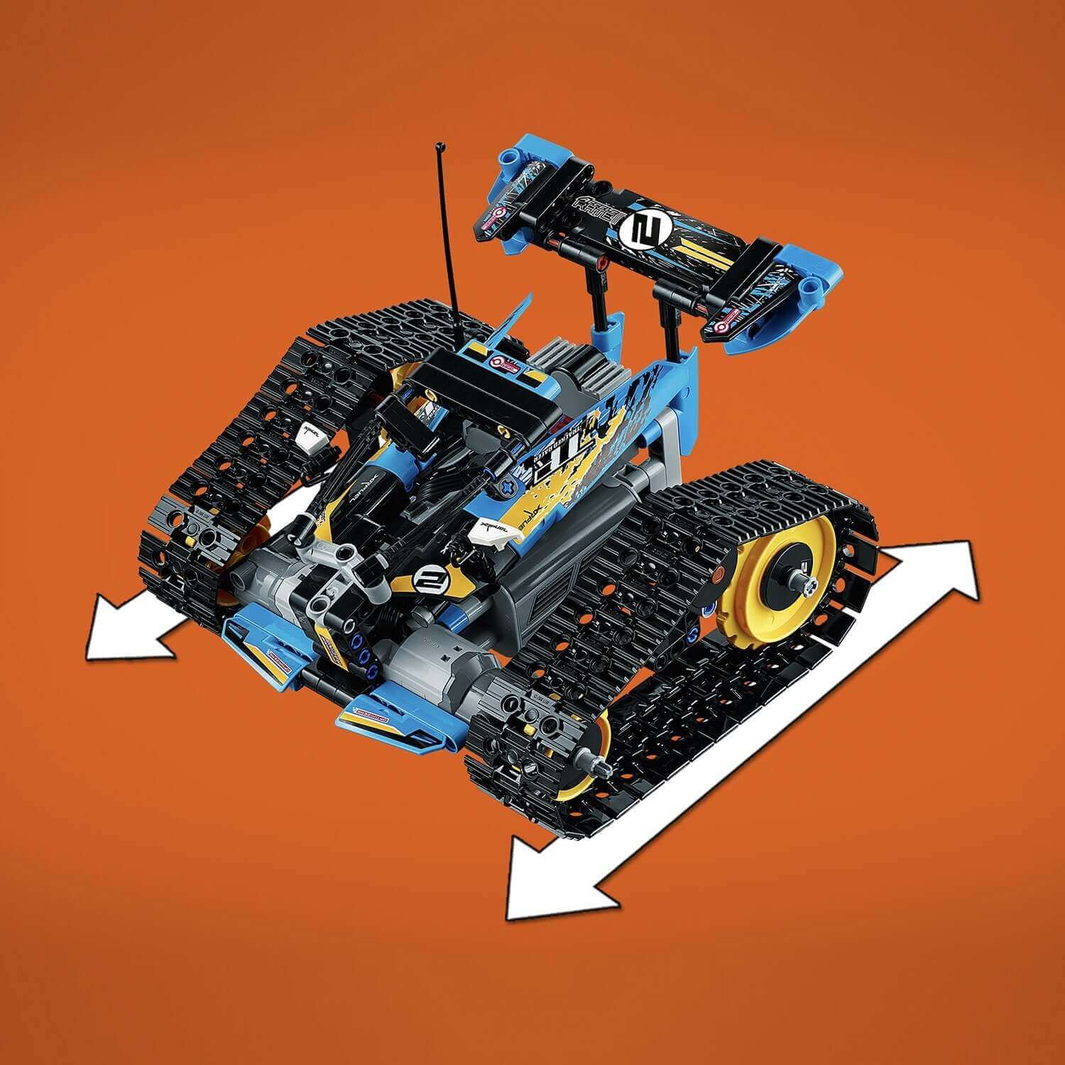 LEGO Technic Stunt Racer RC Car Toy 42095 with detailed design and tracks on orange background.