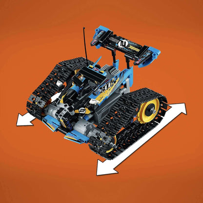 LEGO Technic Stunt Racer RC Car Toy 42095 with detailed design and tracks on orange background.