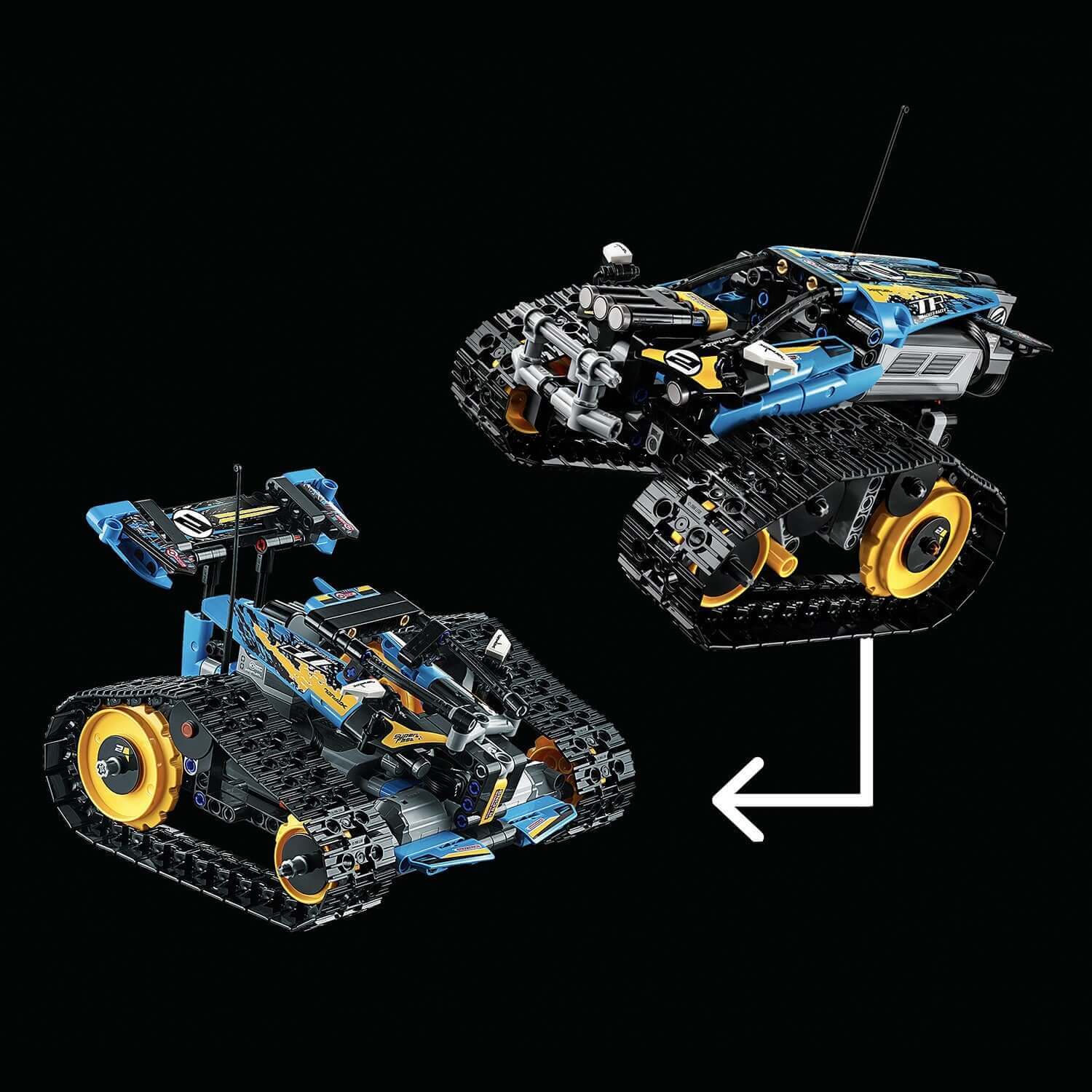 LEGO® Technic Stunt Racer RC Car Toy 42095 showcasing its versatile design in both tank and car modes.