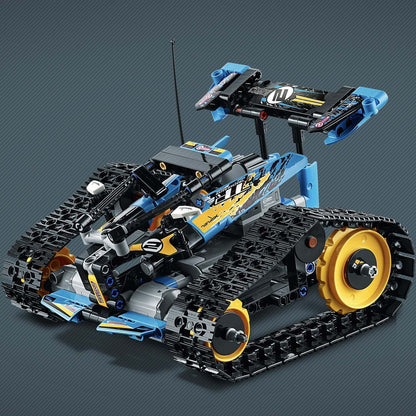 LEGO Technic Stunt Racer RC car toy 42095, showcasing detailed build with black and blue design elements.