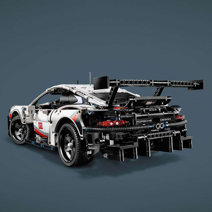 LEGO® Technic Porsche 911 RSR model car set 42096 showcasing realistic details and sleek design, including a rear view.