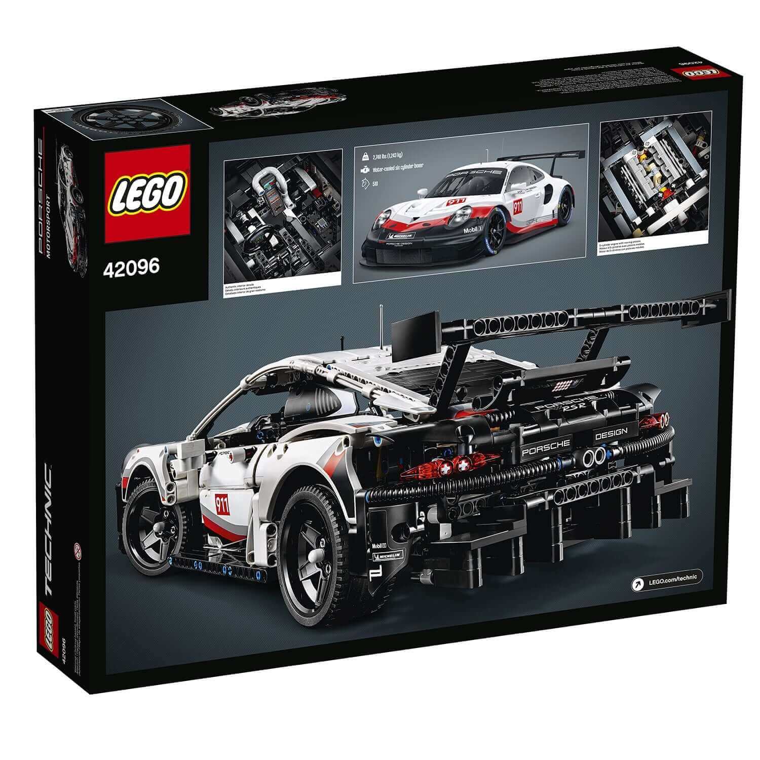 LEGO® Technic Porsche 911 RSR Set 42096 packaging showcasing realistic car details and features like suspension and engine.