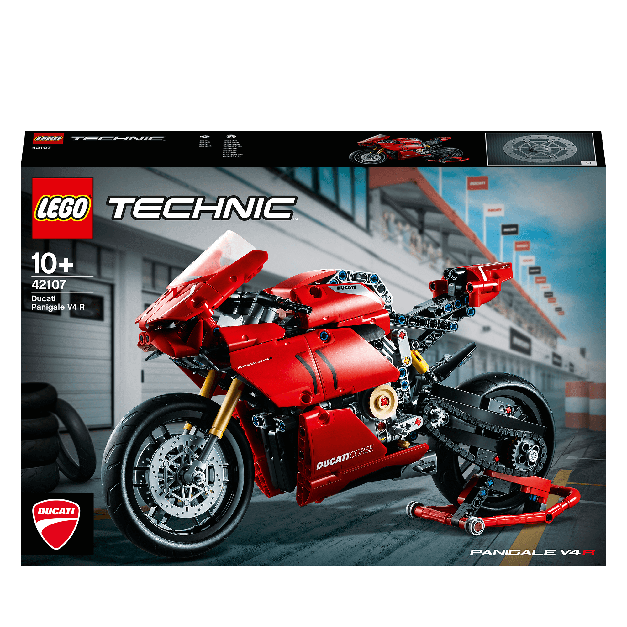 LEGO® Technic Ducati Panigale V4 R Model Set 42107 packaging with detailed motorcycle design.