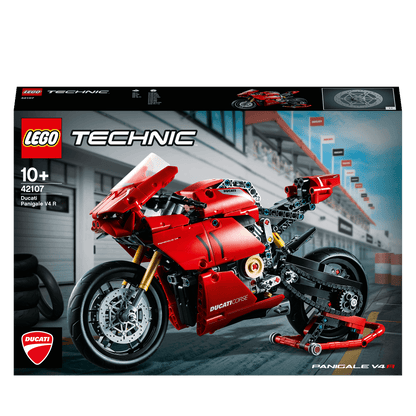 LEGO® Technic Ducati Panigale V4 R Model Set 42107 packaging with detailed motorcycle design.