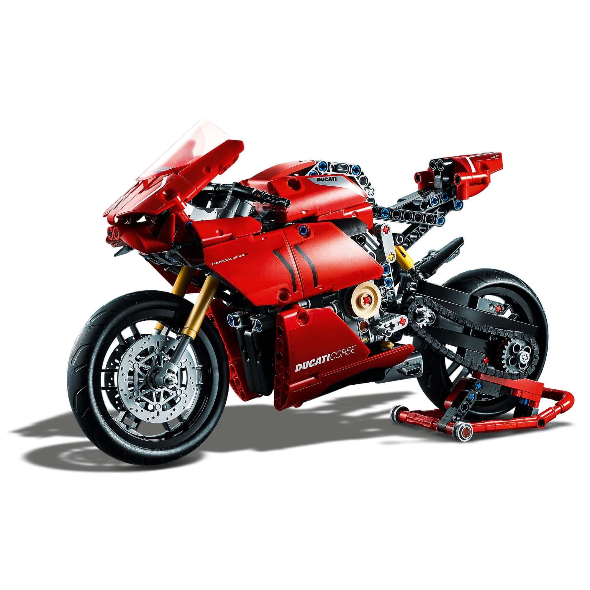 LEGO® Technic Ducati Panigale V4 R model set showcasing detailed red motorcycle with functional parts and V4 engine.