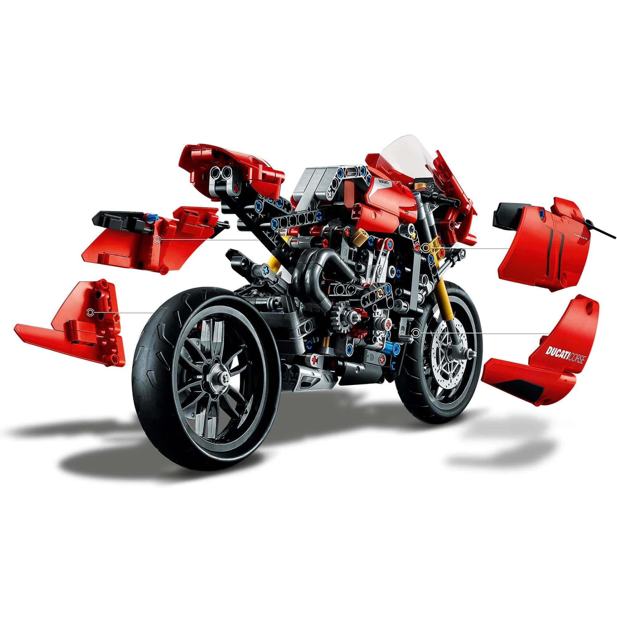 LEGO® Technic Ducati Panigale V4 R model set 42107 showcasing detailed V4-cylinder engine and removable parts.