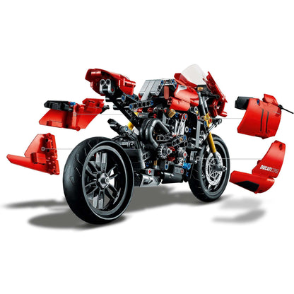 LEGO® Technic Ducati Panigale V4 R model set 42107 showcasing detailed V4-cylinder engine and removable parts.