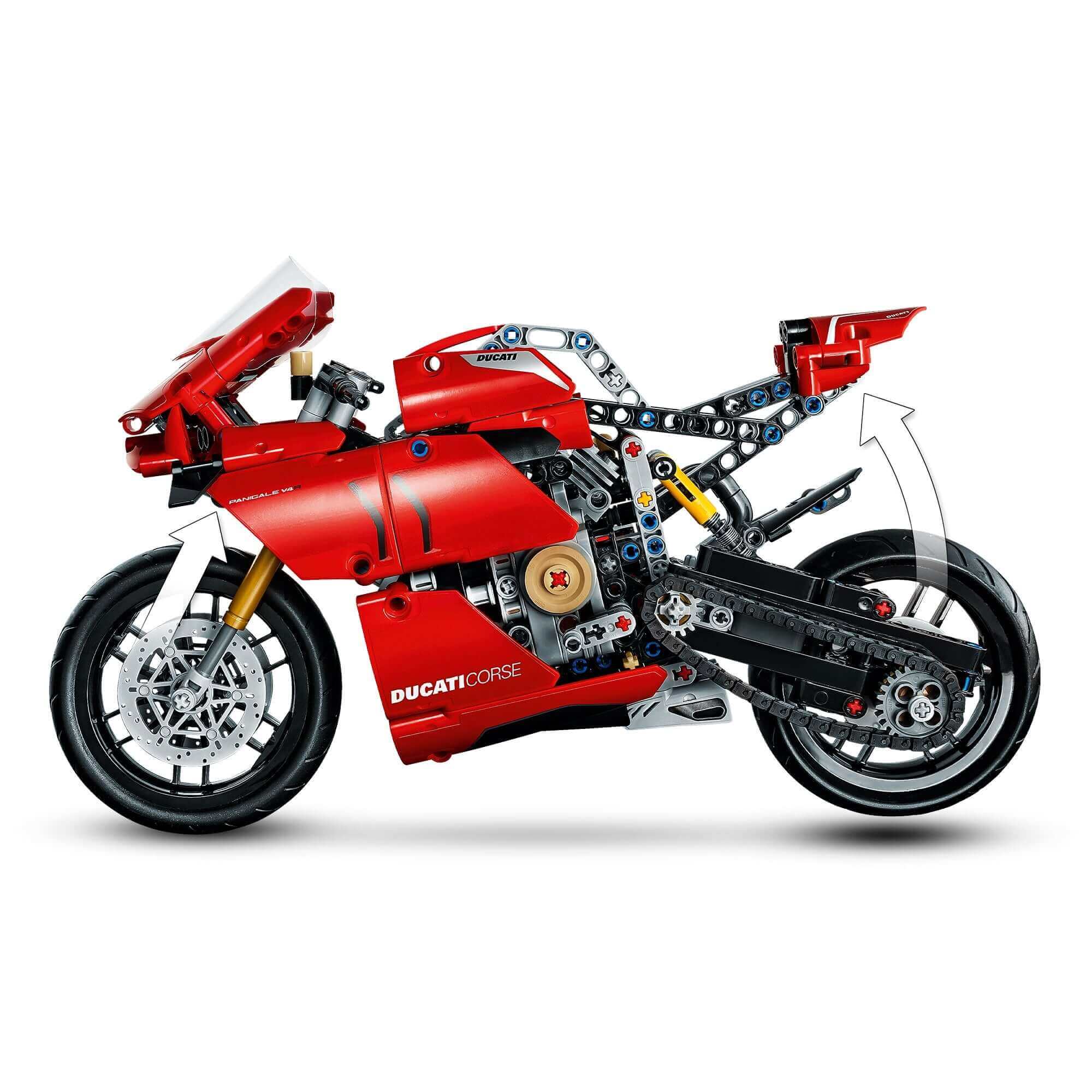 LEGO® Technic Ducati Panigale V4 R Model Set 42107 with detailed V4 engine and 2-speed gearbox.