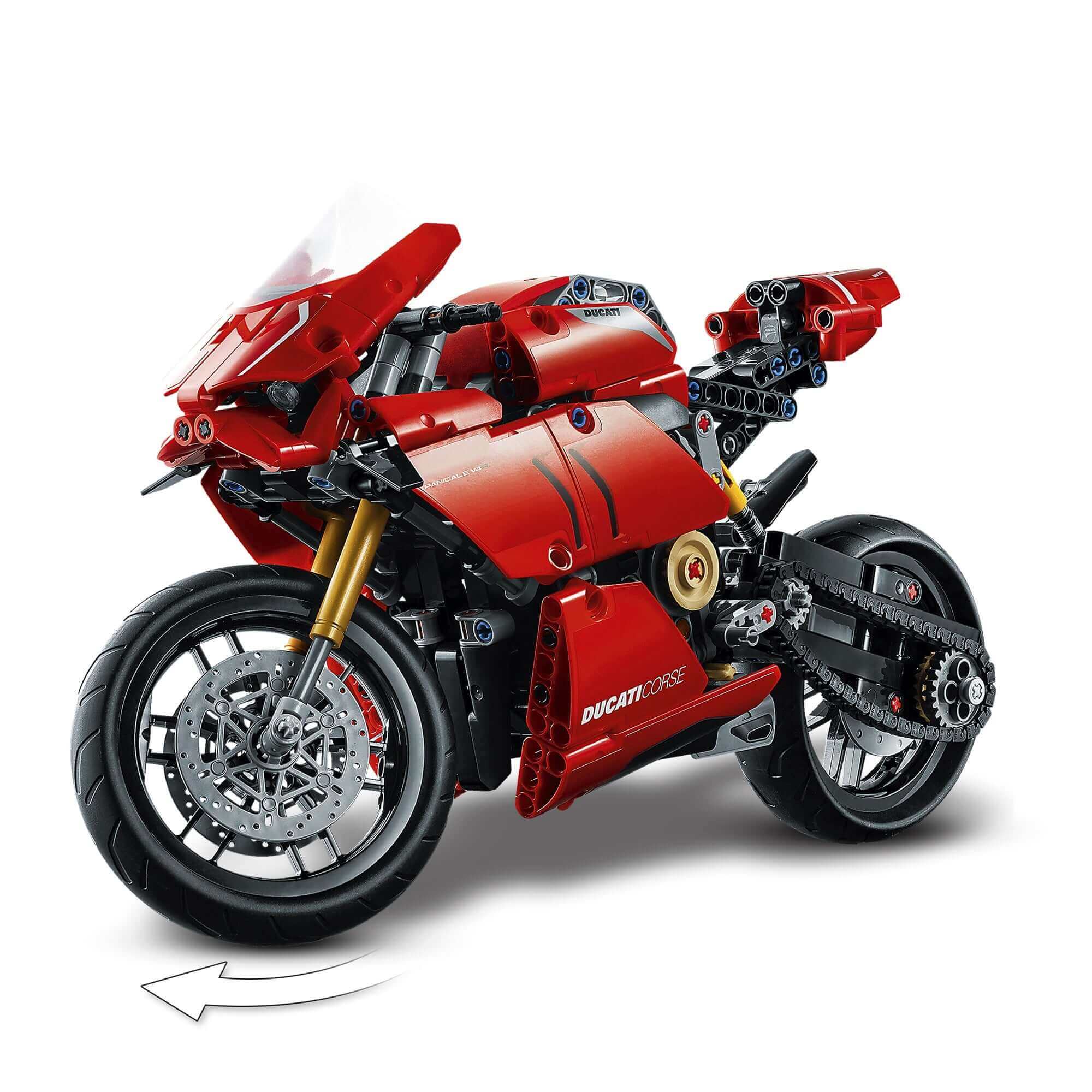LEGO Technic Ducati Panigale V4 R model set 42107 showcasing red motorcycle with detailed parts and sleek design.