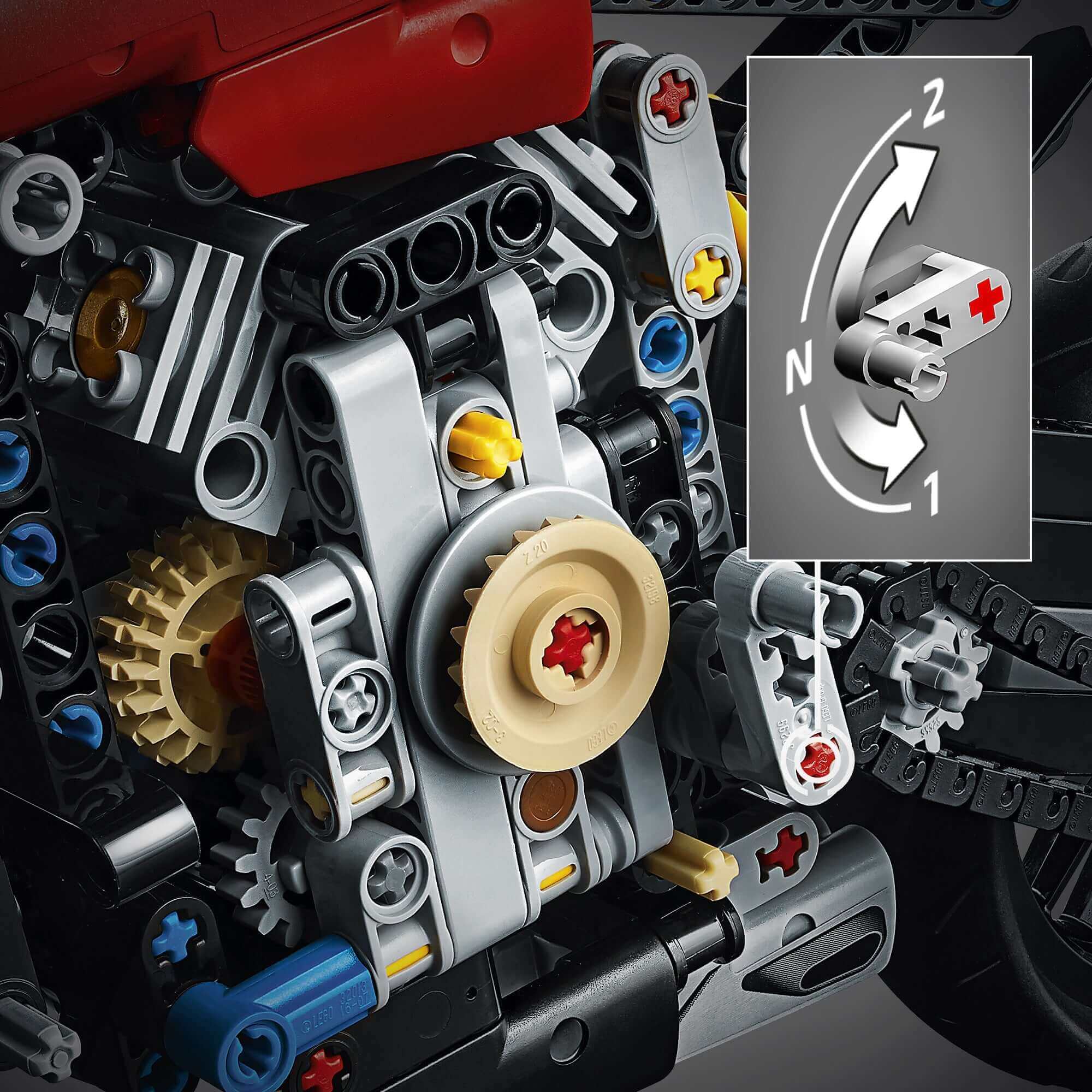 Close-up of LEGO® Technic Ducati Panigale V4 R model's V4-cylinder engine and gearbox detail.