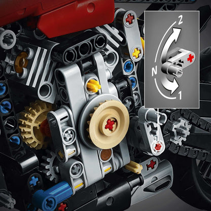 Close-up of LEGO® Technic Ducati Panigale V4 R model's V4-cylinder engine and gearbox detail.