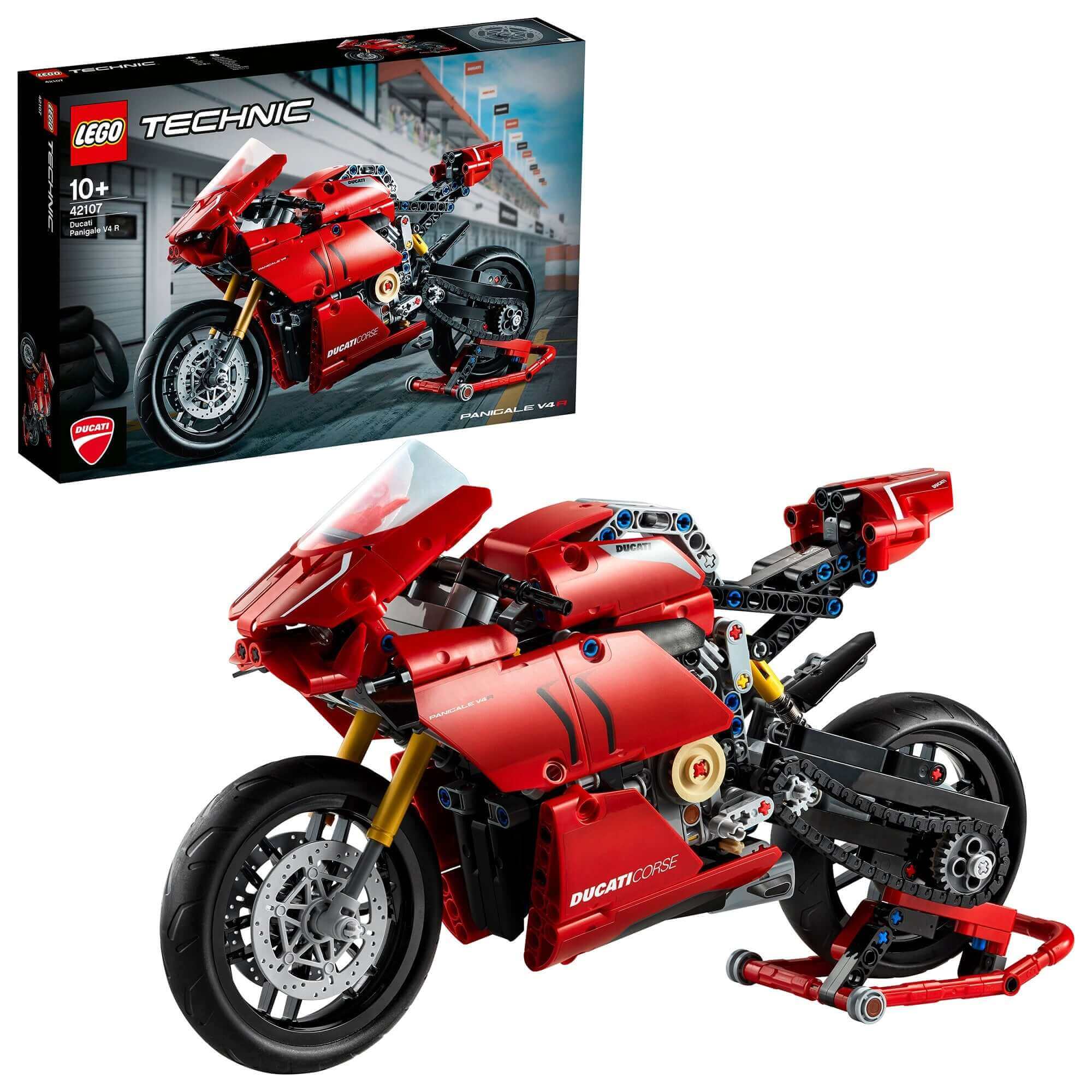 LEGO® Technic Ducati Panigale V4 R Model Set 42107 with detailed features and packaging, designed for ages 10 and up.
