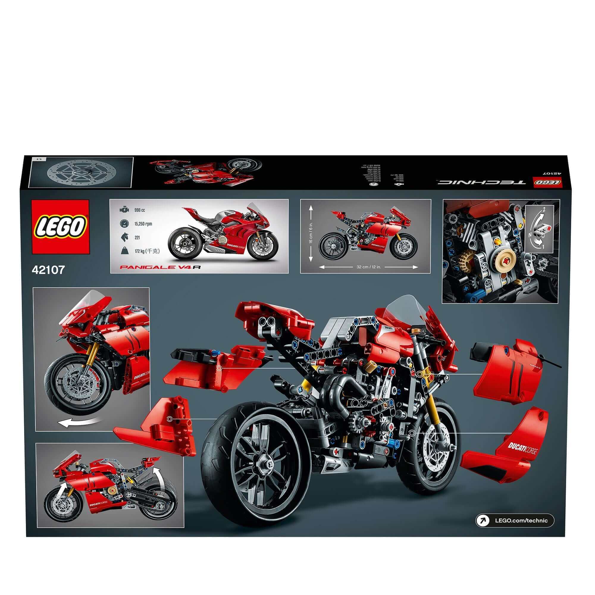 LEGO Technic Ducati Panigale V4 R Model Set 42107 showcasing detailed bike assembly and V4-cylinder engine.
