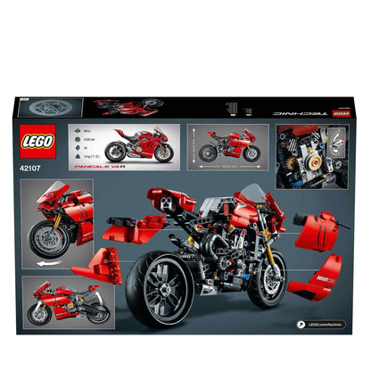 LEGO Technic Ducati Panigale V4 R Model Set 42107 showcasing detailed bike assembly and V4-cylinder engine.