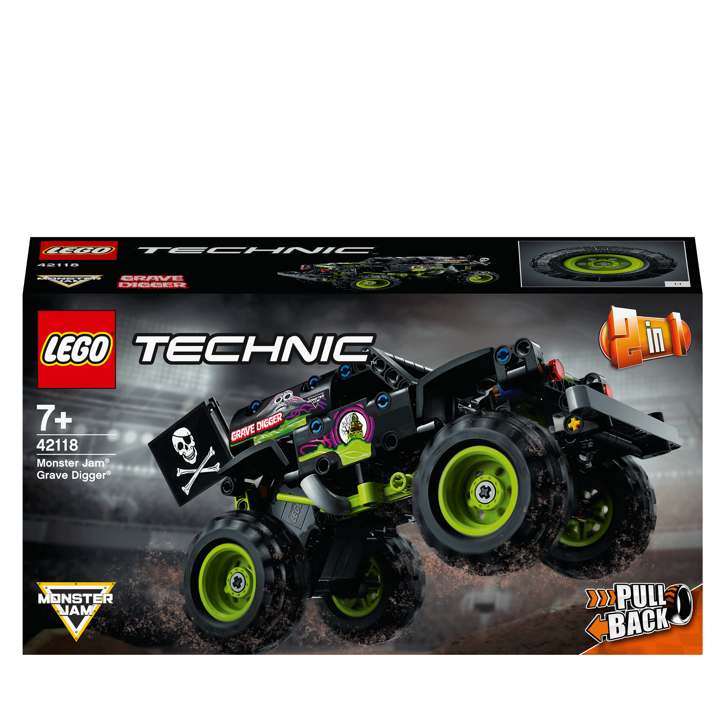 LEGO Technic Monster Jam Grave Digger 42118 toy box featuring a pull-back monster truck and off-road buggy models.
