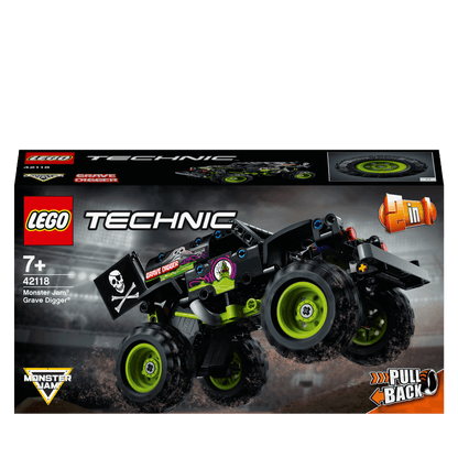 LEGO Technic Monster Jam Grave Digger 42118 toy box featuring a pull-back monster truck and off-road buggy models.