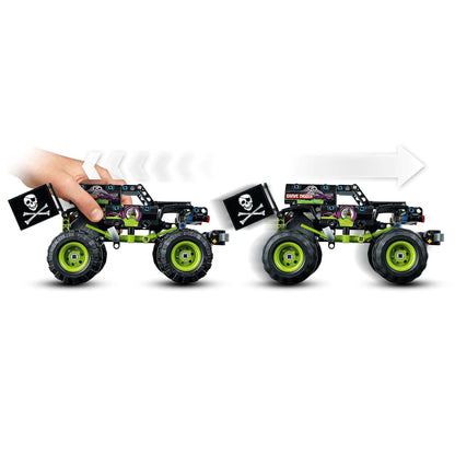 LEGO Technic Monster Jam Grave Digger truck transforming into off-road buggy with moving parts and flags.