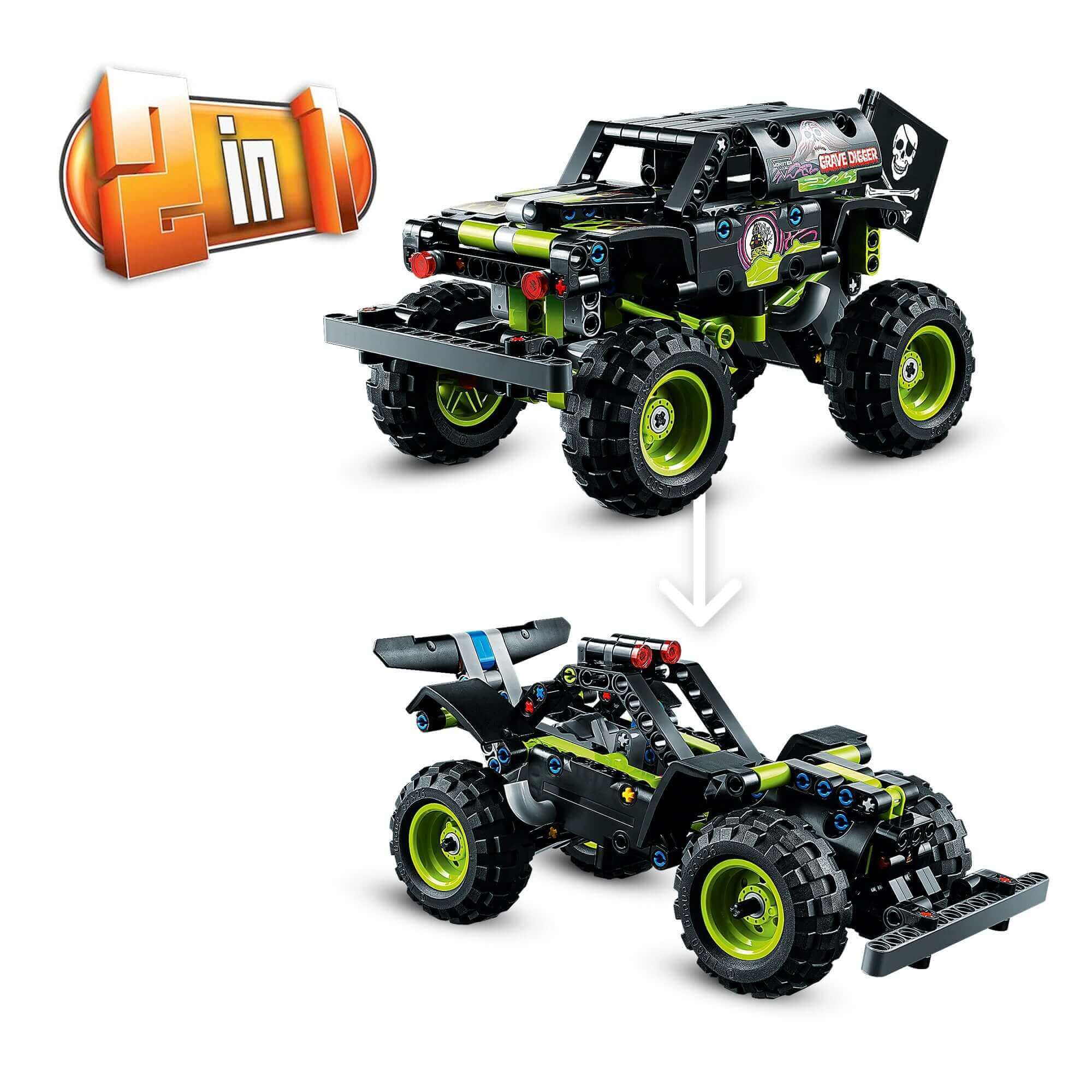 LEGO® Technic Monster Jam Grave Digger Toy 42118, 2-in-1 model showing Grave Digger and off-road buggy versions.