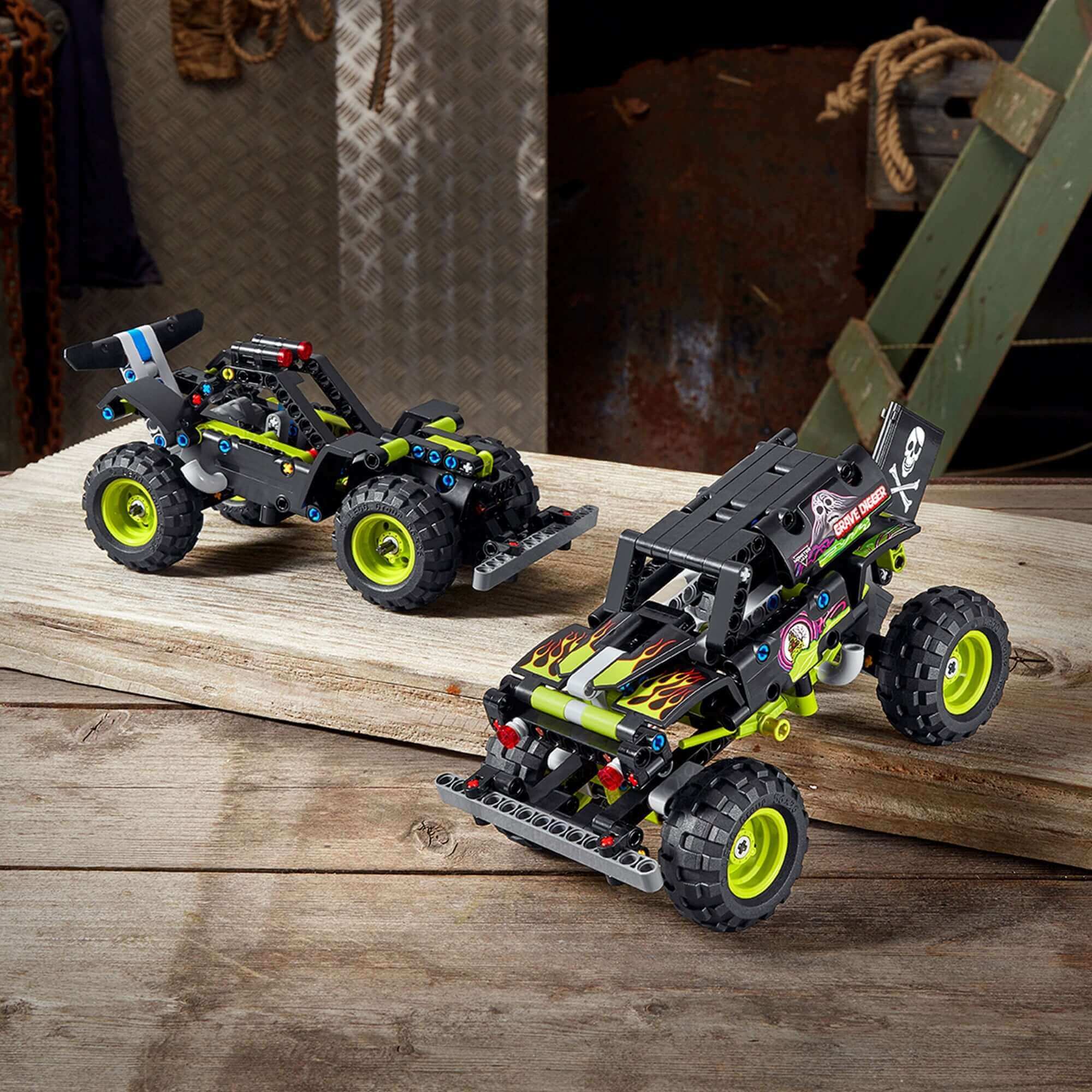 LEGO Technic Monster Jam Grave Digger 42118, featuring two models: a monster truck and an off-road buggy.
