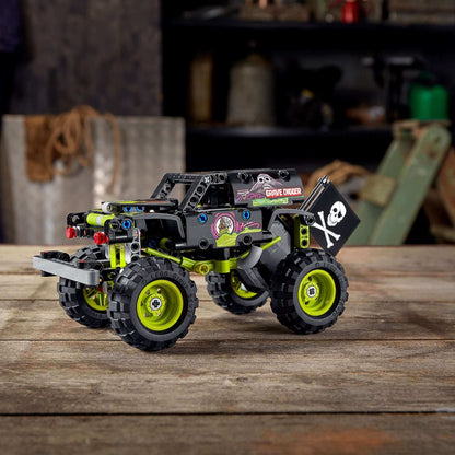 LEGO Technic Monster Jam Grave Digger truck model 42118, showcasing off-road design and pirate flag.